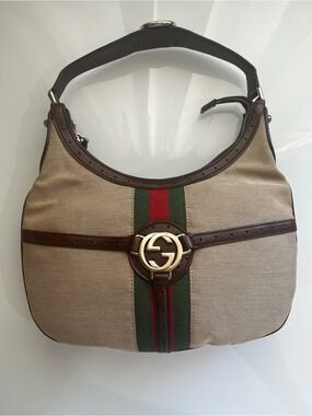 GUCCI REINS SMALL HOBO BEIGE CANVAS SHOULDER BAG